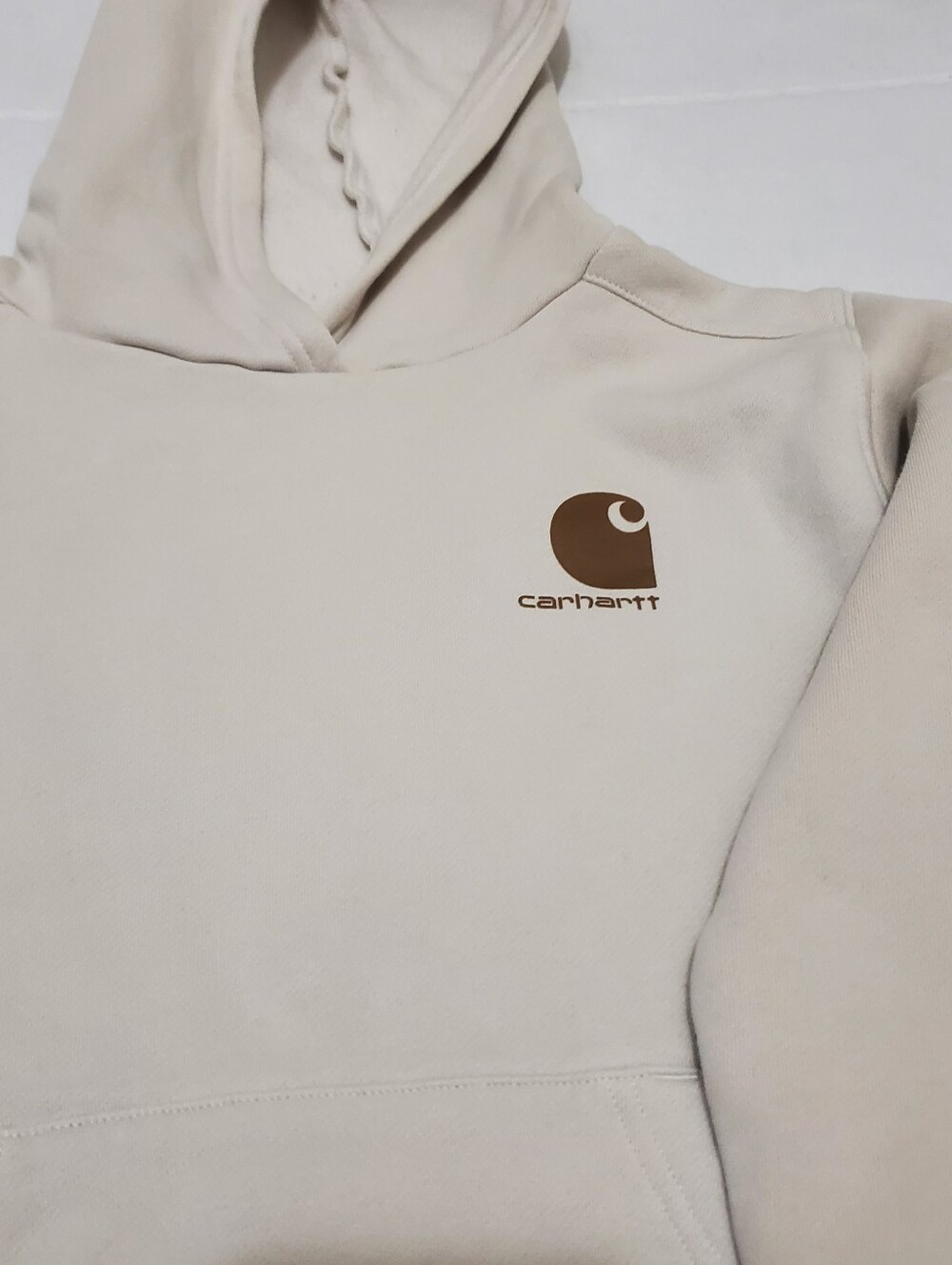 Carhartt Boys 10-12 Front Pocket Light Beige Pull Over Logo Hooded Sweatshirt - Picture 6 of 11